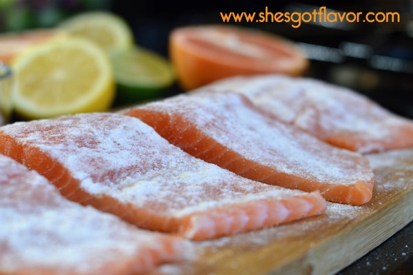 BMWK Pan Seared Salmon Over Arugula Salad with Sweet Citrus Vingerette Dressing flour dusting (600x399)
