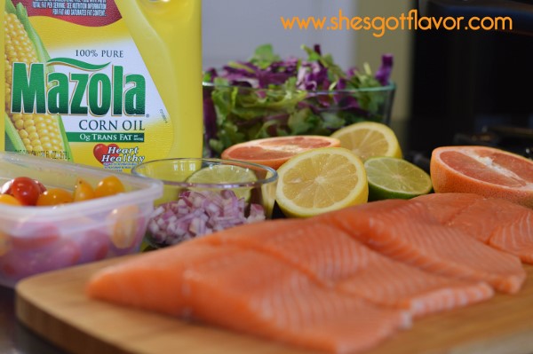 BMWK Pan Seared Salmon Over Arugula Salad with Sweet Citrus Vingerette Dressing ingredients (600x399)