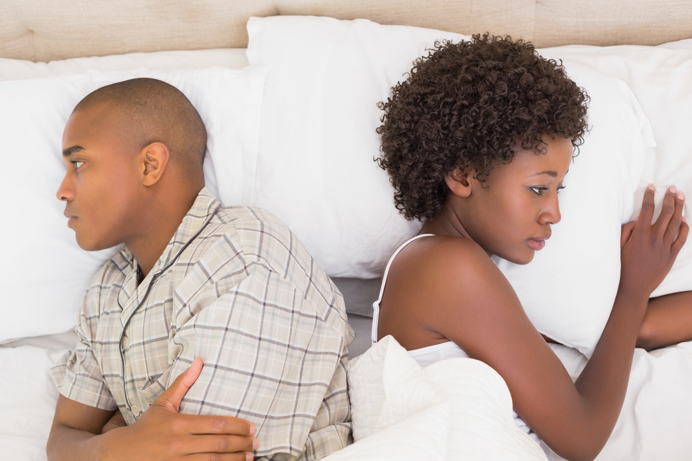 Black Married Couple Mad and Arguing in Bed on Opposite Sides